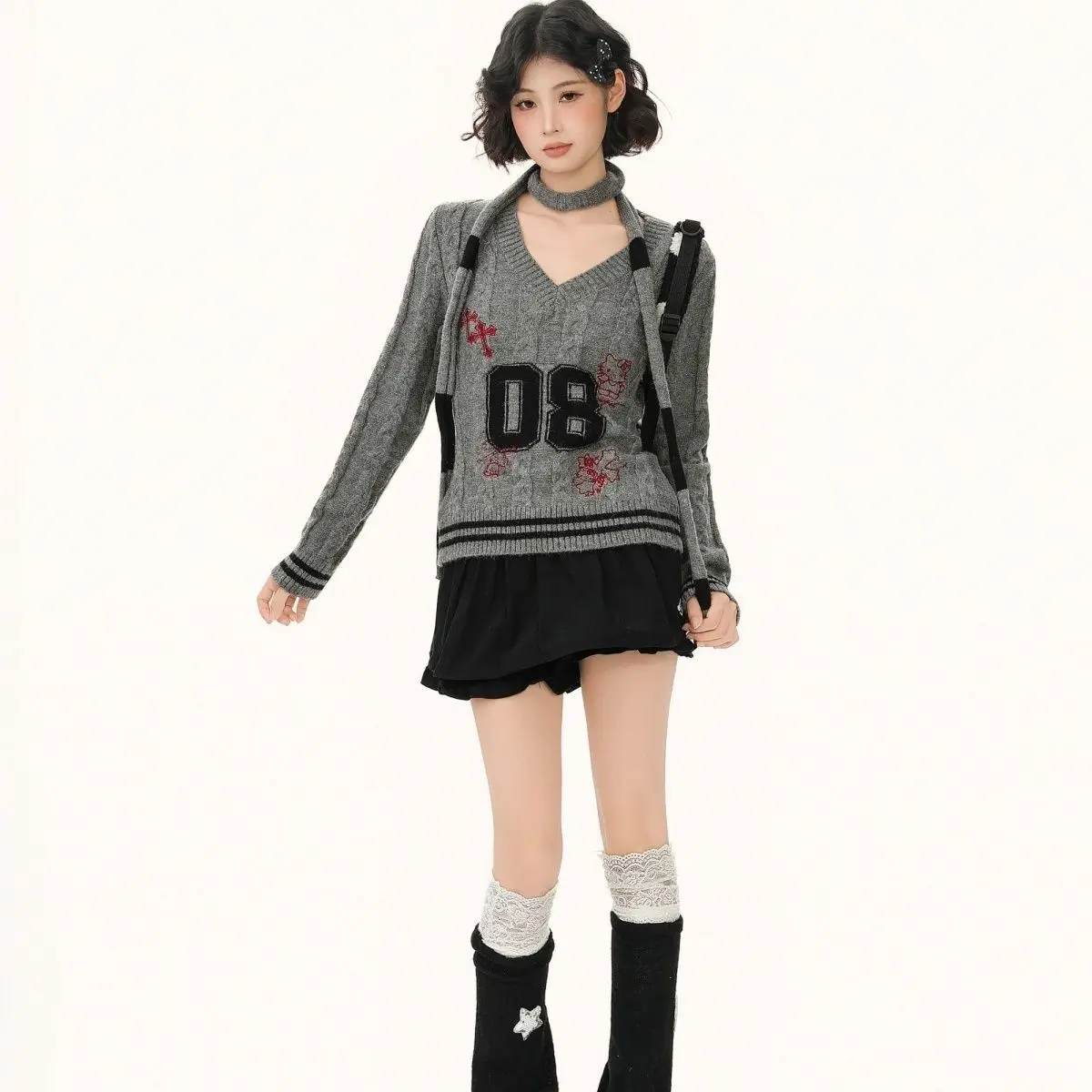 

Autumn Winter American-style Vintage Letter Embroidered Twists Sweaters Fashionable Slim Fit Long-sleeved V-neck Knitted Top