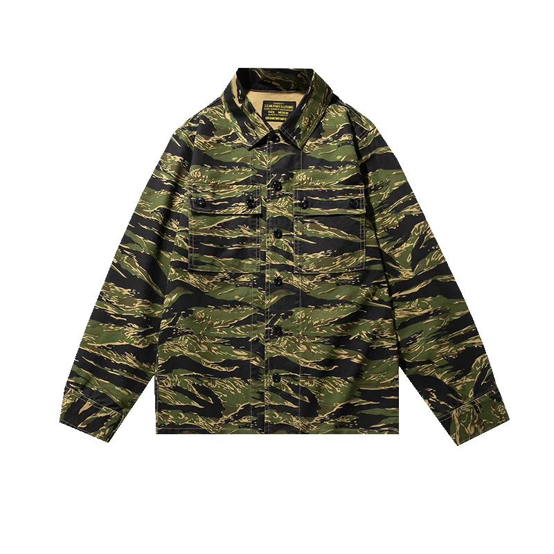 

Tiger Stripe Camo 100% Cotton American Patterned Camouflage Spring Autumn Y2k Men's Multi Pocket Workwear Shirts Amekaj Jackets