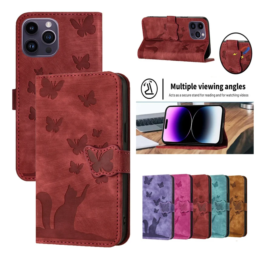 Skórzany portfel z klapką etui na Redmi Note 9 9A 9S 10 10S 12 13C 11 11S 12 13 4G 5G Pro 12S moda kot motyl okładka książki