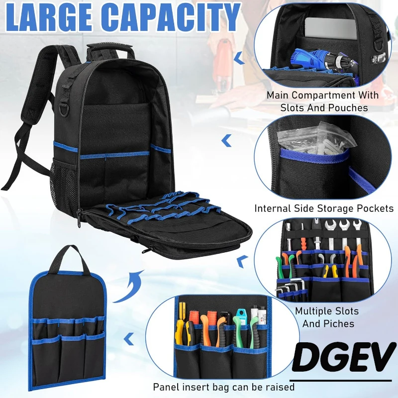 د ‌ حقيبة ظهر GEV متعددة الوظائف مقاومة للماء مع أشرطة كتف مبطنة وحقيبة تنظيم قابلة للإزالة وحقيبة عمل سباك كهربائي