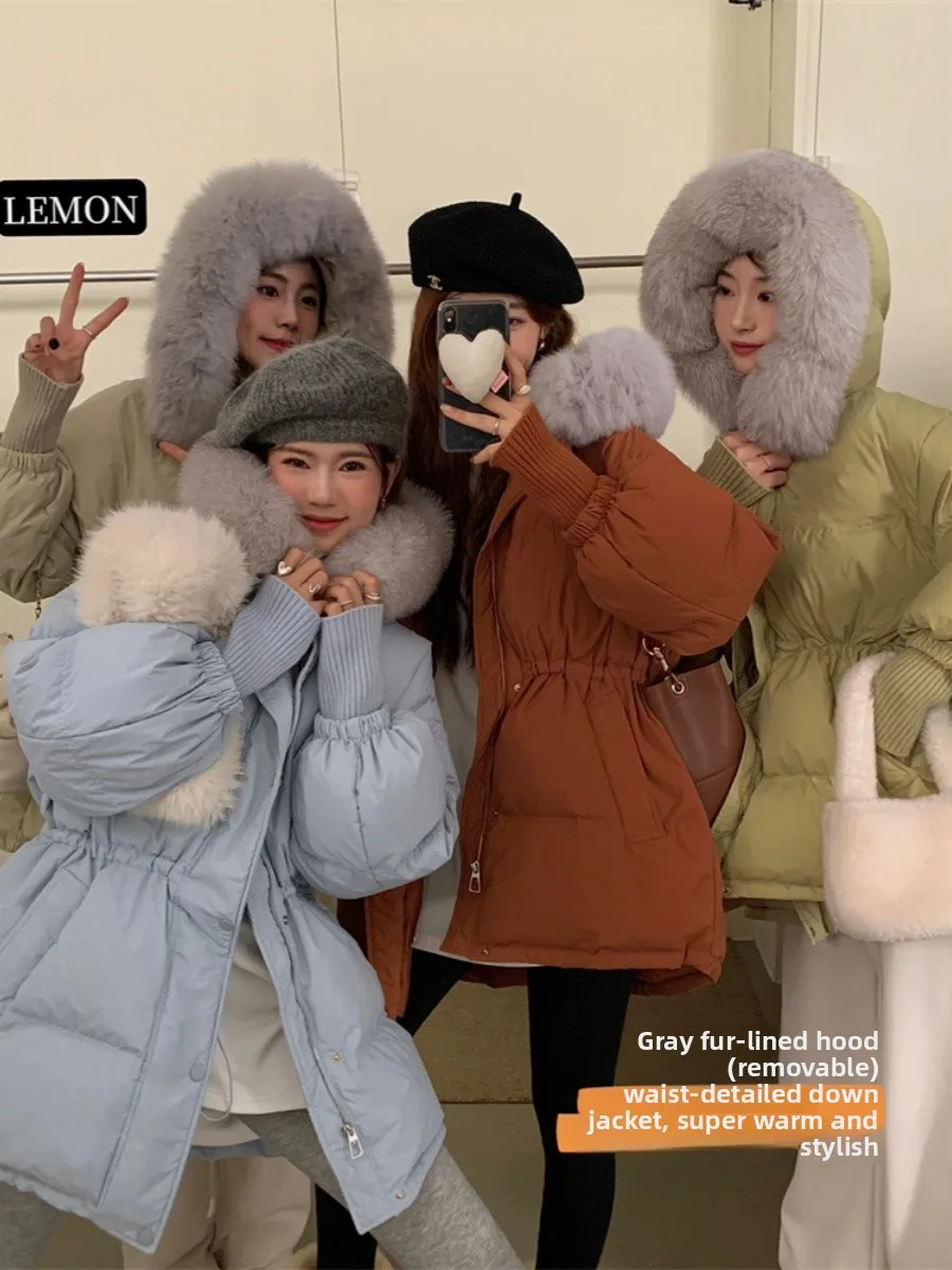 

Slim Fit Duck down Jacket Pure Color Hooded Coat with Large Fur Collar Women's Fashionable Buxom Appearance White Duck Feather