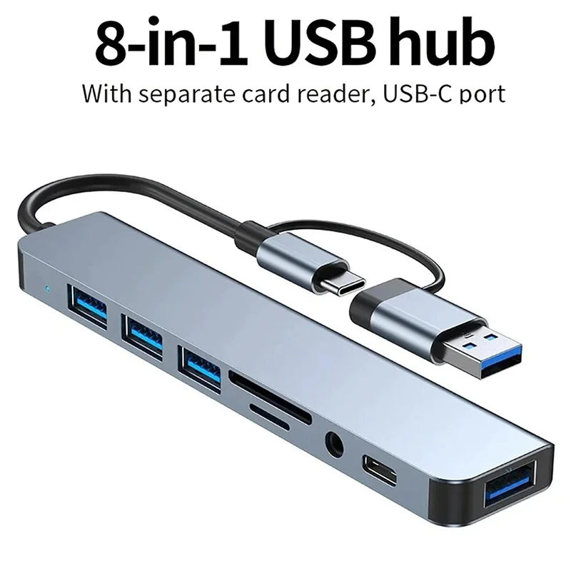 8 In 2 USB Type C HUB Docking Station With 3.5mm Audio Jack Adapter Micro Card Reader For Laptops Tablet Phone U Disk Converter