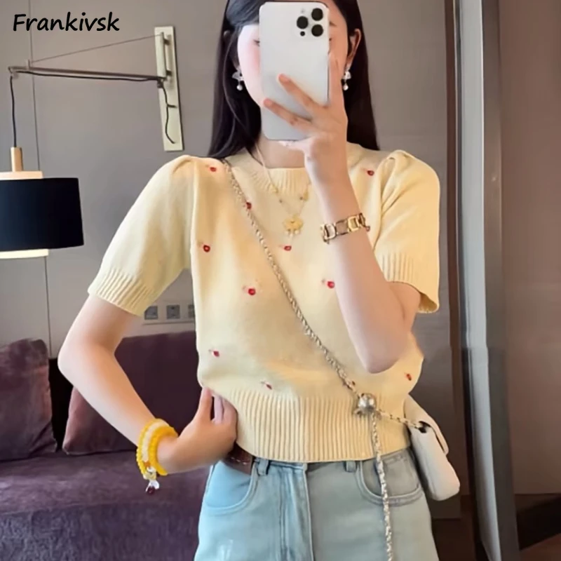 Women T-shirts O-neck Knitted Korean Style Design All-match Leisure Summer Comfortable Skin-friendly Classical Retro Daily Chill