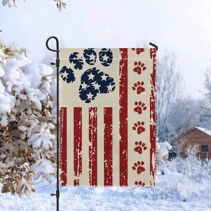 

4th, Paw Prints On An American Flag, Garden Flag, 1pc, 12x18 Inches, Faux Linen, Double-Sided Print, Without Flagpole