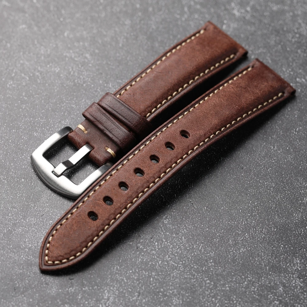 Handmade Head Cowhide Watchband, 18 19 20 21 22mm Brushed Brown Grey Black Cowhide Strap, Italian Leather Men\'s Bracelet