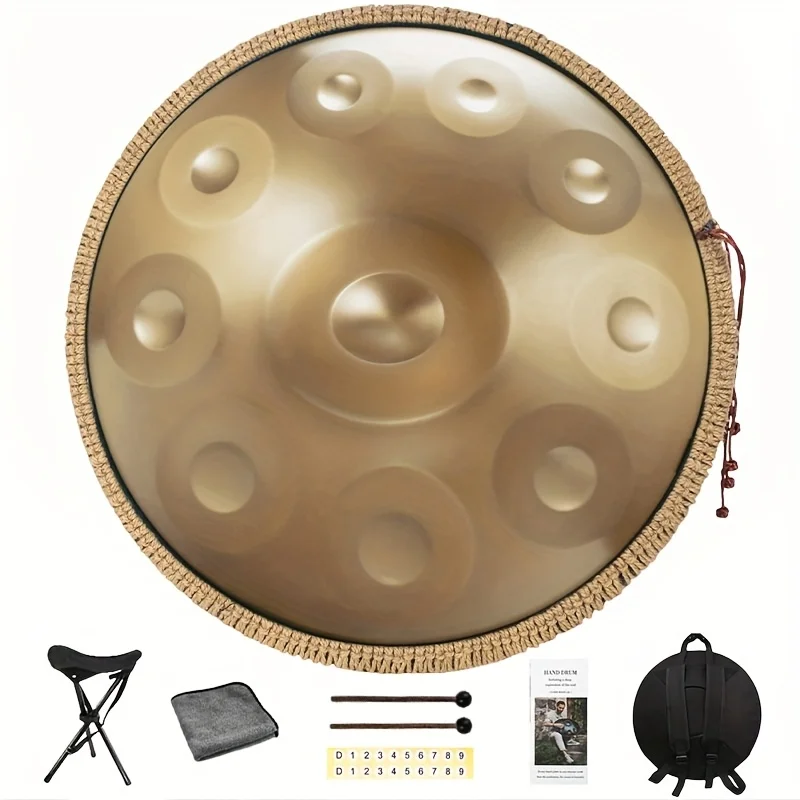 

High Quality440Hz 22 Inch Handpan Drum With 10 Notes - D Minor Kurd Steel Tongue, Soft Bag, Hand Mallets, Stand & Dust-Free Clot