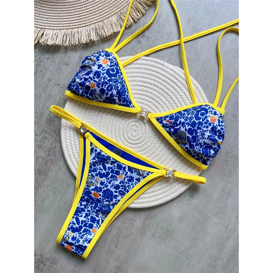Bedruckter, mit Strasssteinen besetzter, hoch geschnittener Bikini, Damen-Badebekleidung, zweiteiliger Bikini, Badeanzug, Badebekleidung, Modell V6153. – Detail 6