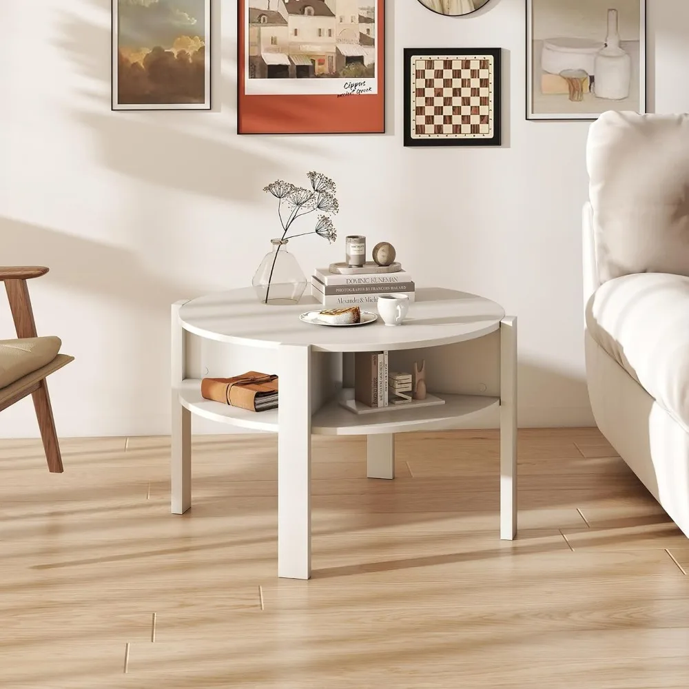 Round 2-Tier Mid Century Modern Coffee Table with Storage Shelves and Side Compartments, Wooden Center, Cocktail Table Design