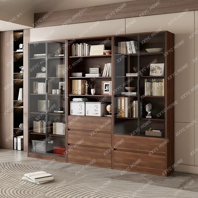H Solid wood bookcase, storage, integrated household wall display shelf, whole wall floor cabinet