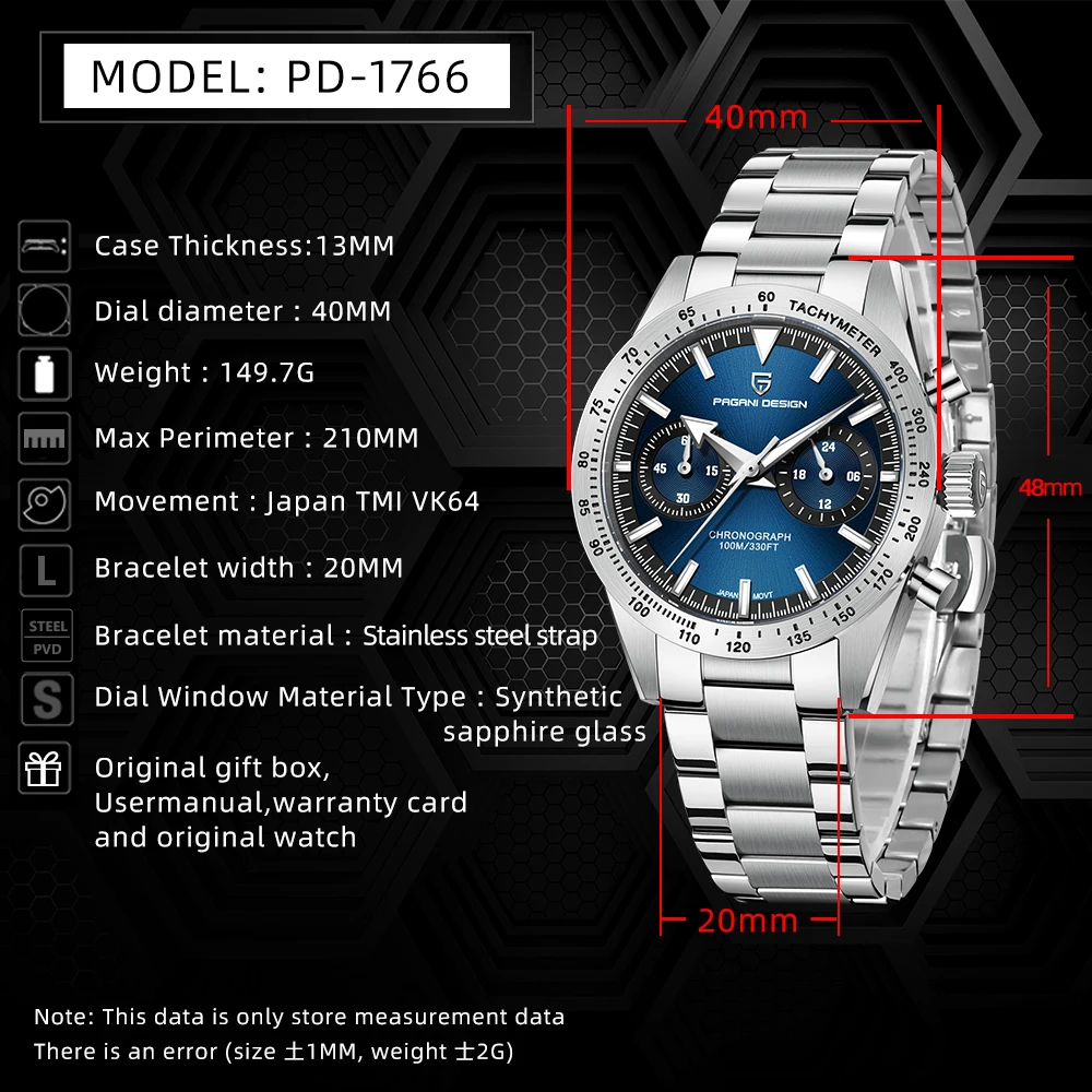 PAGANI DESIGN New Mens Watches Retro Wide Speed Top brand Luxury Quartz Watch For Men Sport Chronograph VK64 AR Sapphire glass