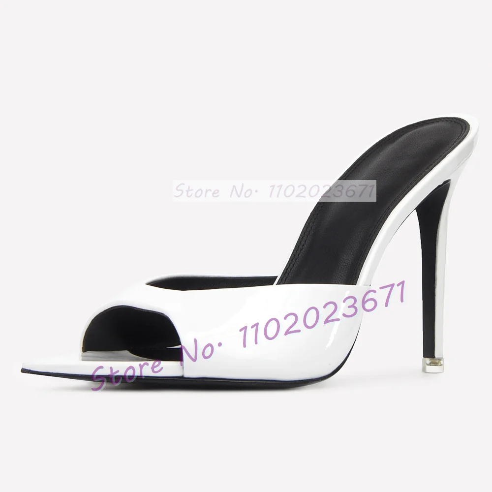 Open Pointed Toe White Slippers Woman Casual Thin High Heels Ladies Shoes Elegant Summer Mirror Patent Leather Dress Slippers