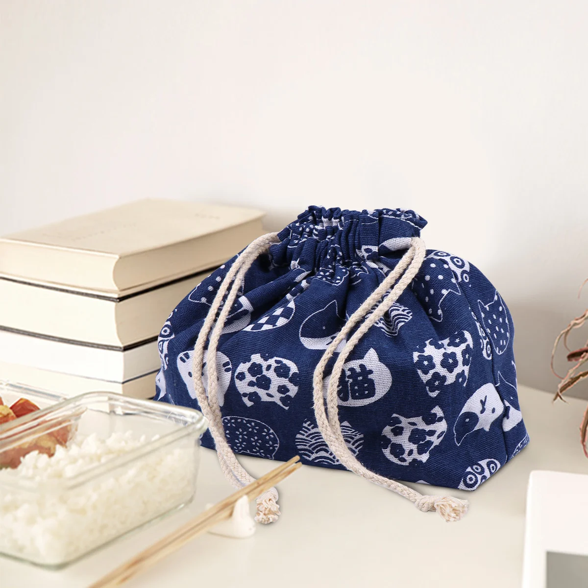 Fiambrera gruesa de estilo japonés, bolsa de algodón y lino con cordón, almacenamiento Bento portátil para niños, suministro de alimentos de viaje