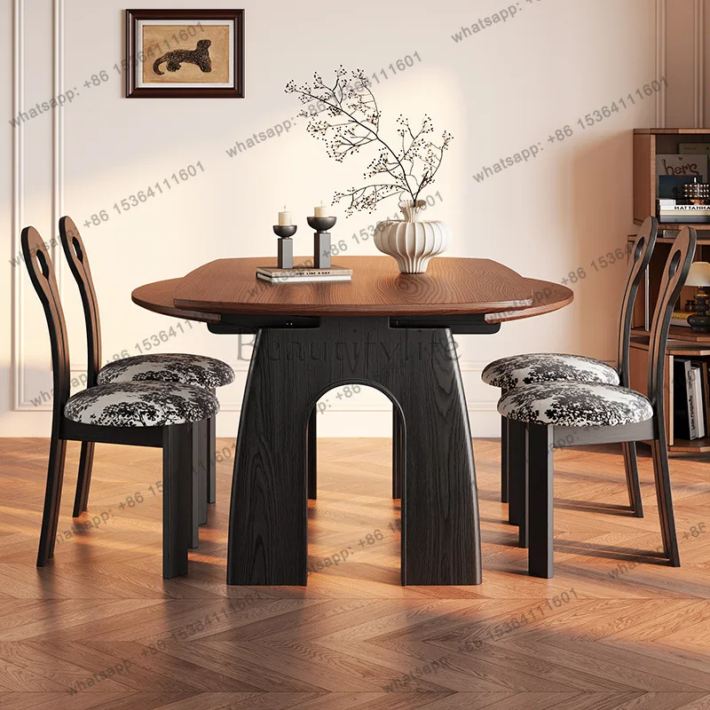 Medieval folding solid wood dining table rock slab American French telescopic square variable round table