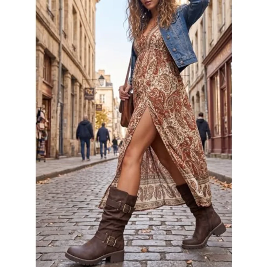 GLOBALWIN Women's Mid Calf Dress Boots Biker Motorcycle Riding Boots Women For Women - Detail 1