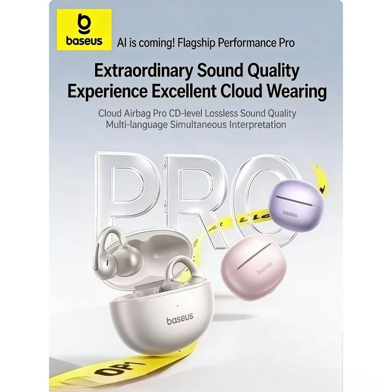 

BASEUS MC1 Pro AI Earphones Open Ear Clip Bluetooth Headphones with AI Translation LDAC Hi-Res Sound IP67 Waterproof