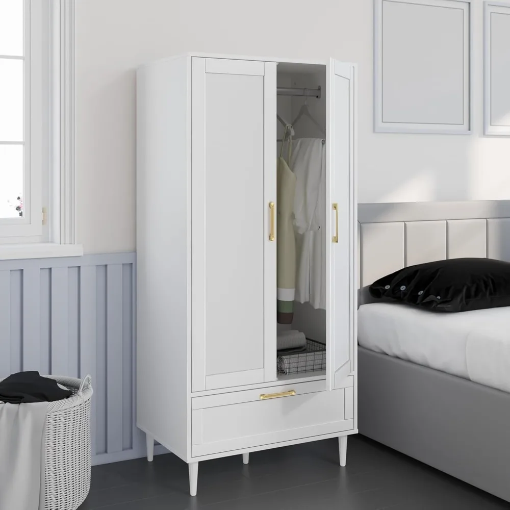 

Bedroom Armoire Wardrobe Closet with Hanging Rod,60 2 Door Almirah for Clothes with Drawers,Morden Storage Cabinet,White