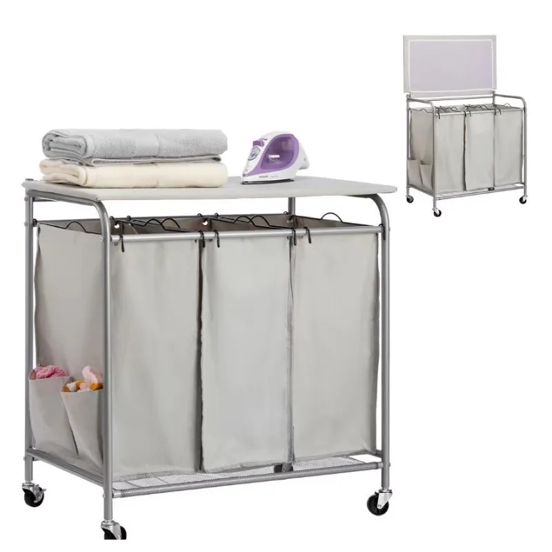 

Three-grid metal removable laundry basket with wheels Commercial sorter Dirty laundry basket