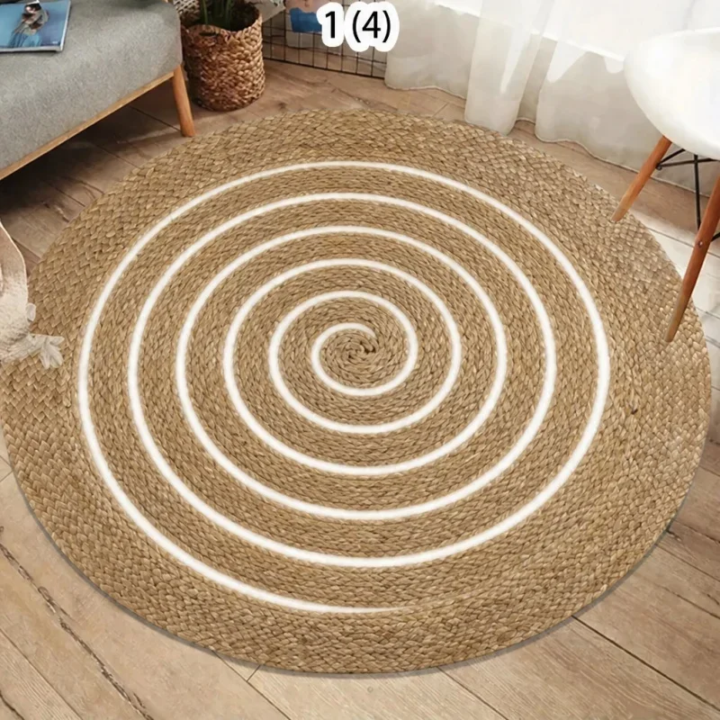 Woven Natural Round Area Rug, Spiral Stripe Circular Floor Mat, Bohemian Indoor Home Decor