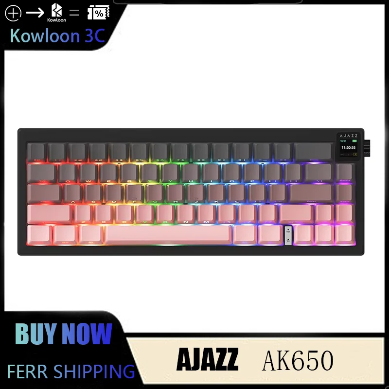 AJAZZ AK650 Mechanical Keyboard Tri-Mode Gaming Wireless 65 Keys Gasket Screen Knob Side Engraved Gradient Office RGB Backlighti