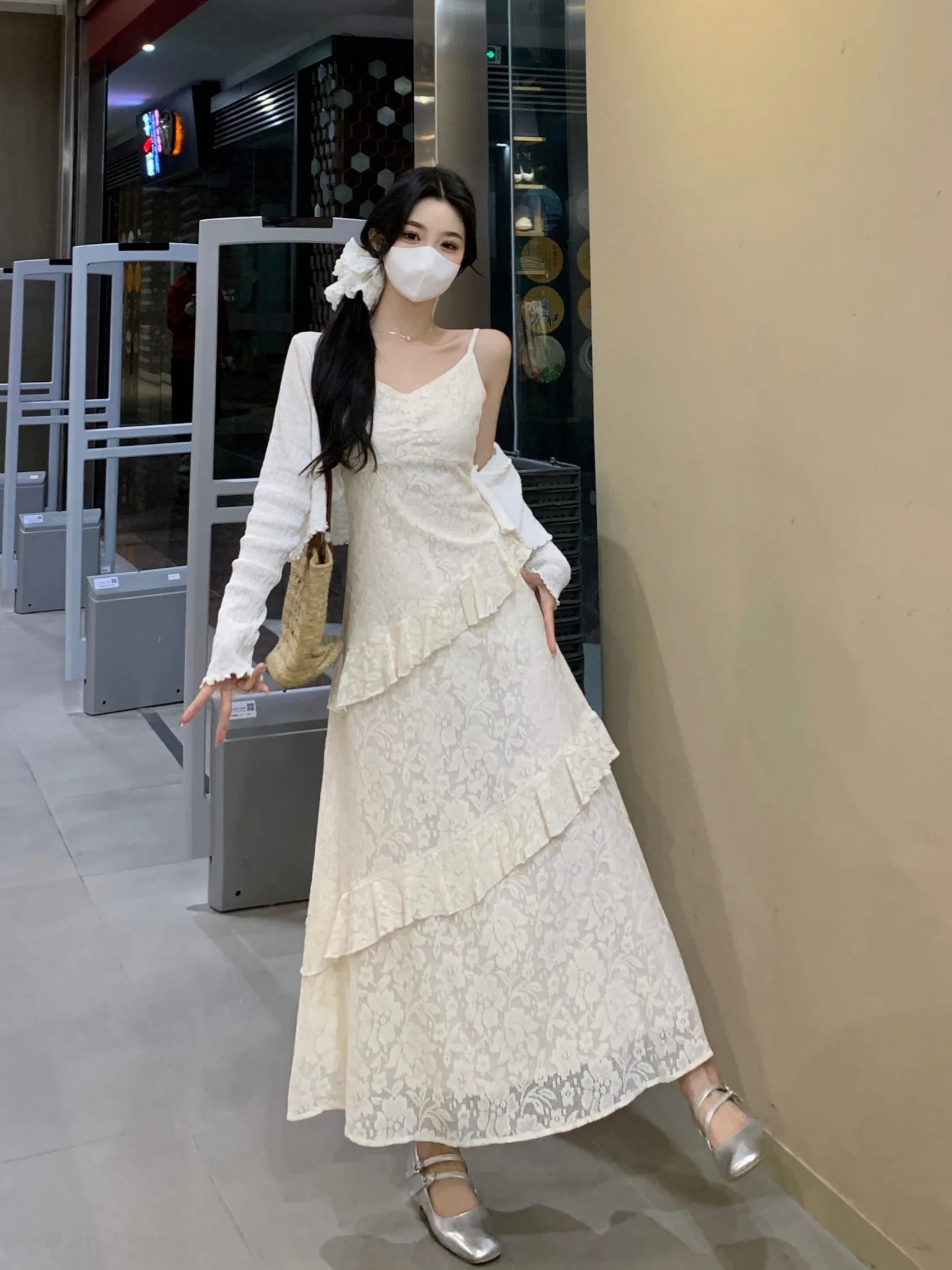 

plus Size Women's Gentle Lace Trim ter Dr Summer New Waist Cinched Ele A-Line Long Dr Commute Sle Korean Version