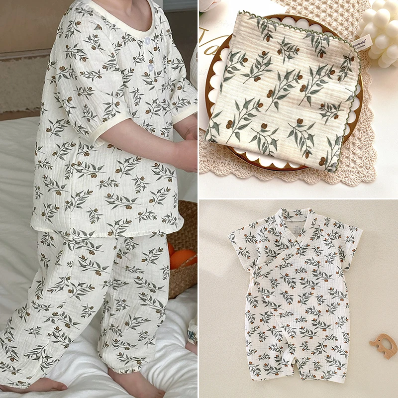 0.5m/1m/2m 100% Cotton Double Layer Crepe Baby Fabric Retro Leaf Fruit Print Soft DIY Baby Pajamas Towel Clothes Sewing Fabric