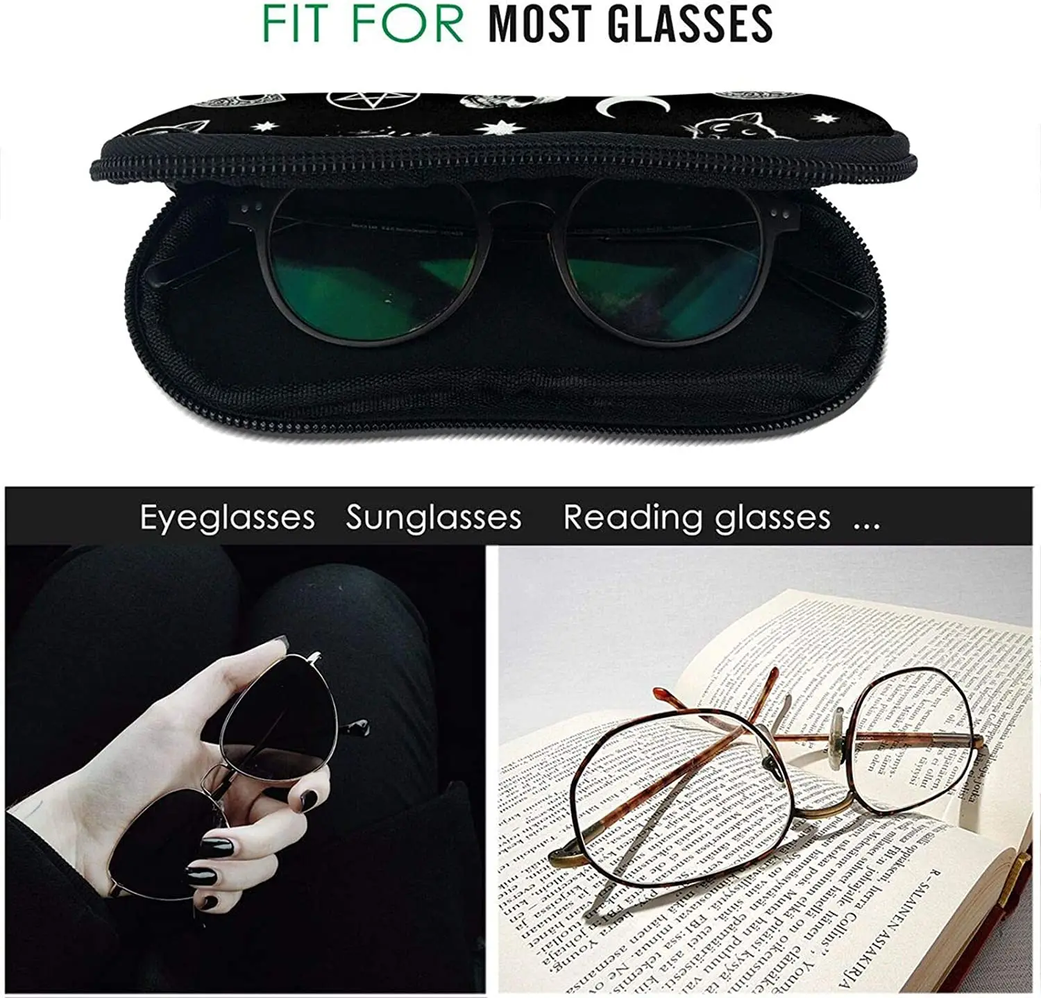 Gothic Eyeglass Case Sunglasses Soft Cases Ultra Light Portable Neoprene Zipper with Belt Clip for Men Women Kids