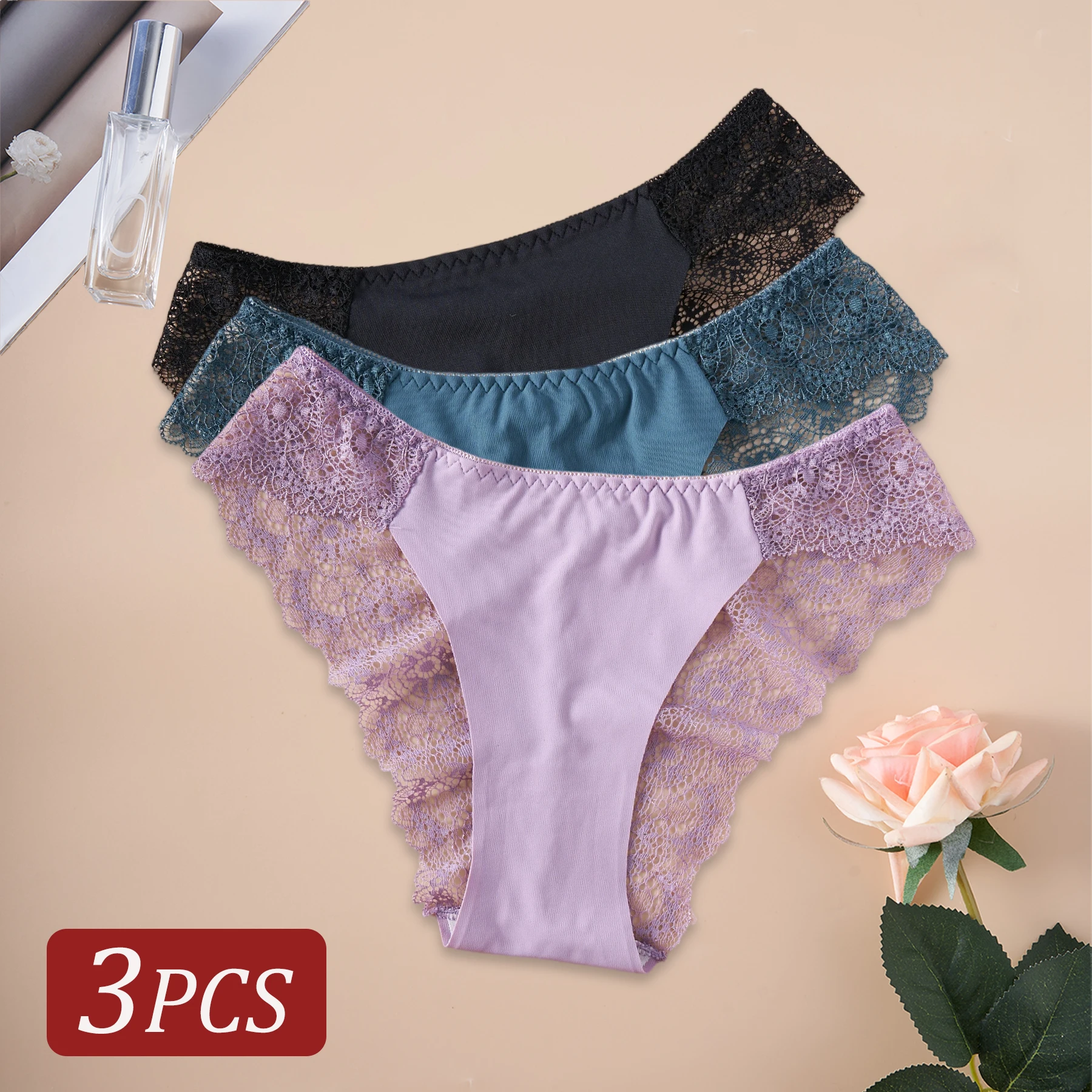 3PCS Women's Panties Satin Seamless Underwear Lace Floral Sexy Lingerie Solid Color Low-Waist High Quality Briefs Breathable