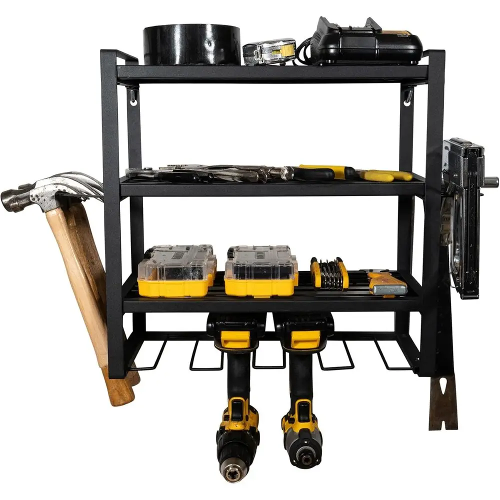 

4-Tier Metal Tool Rack Organizer, Wall-Mounted Storage for Garage, Holds Drills, Screwdrivers, Pliers, and Hammers, Black