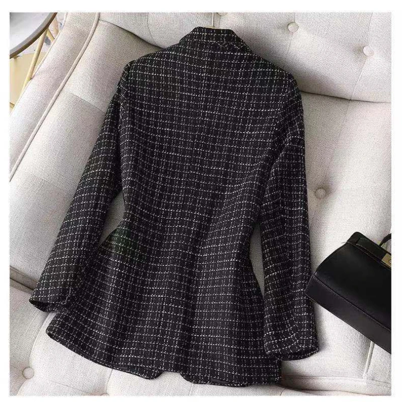 Imagem -02 - Xadrez Coreano Formal Tweed Mulheres Magro Blazers 5xl Escritório Elegante Cabolsas Branco Preto Trabalho Vintage Desgaste Outwear Novo 2023