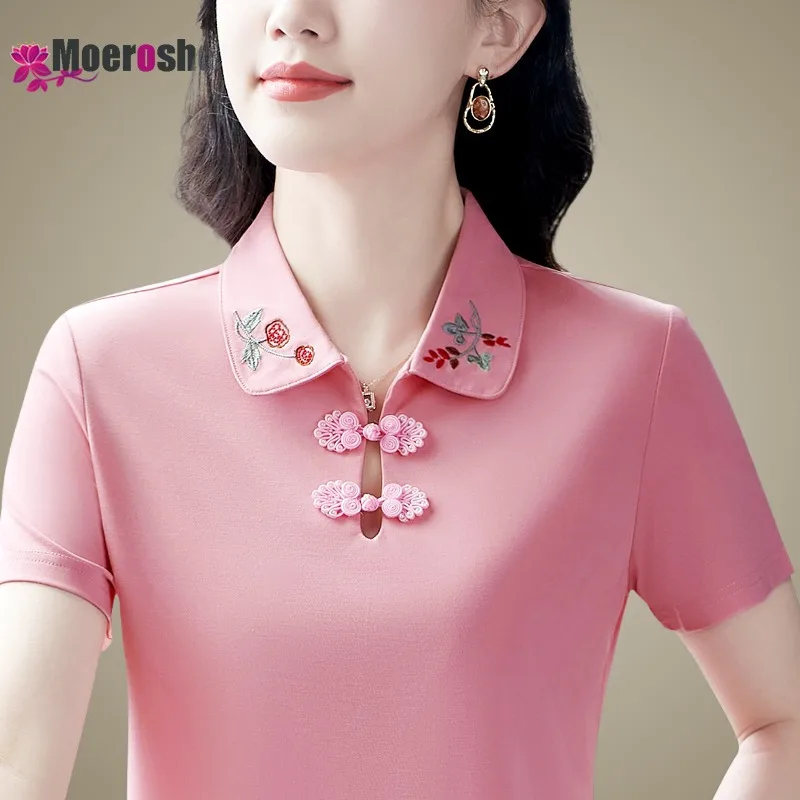 Ladies Vintage Embroidered Short Sleeves Fashion Youth Women's Blouses Clothing Trend 2024 T-shirts Sumer Clothes Luxury Tops