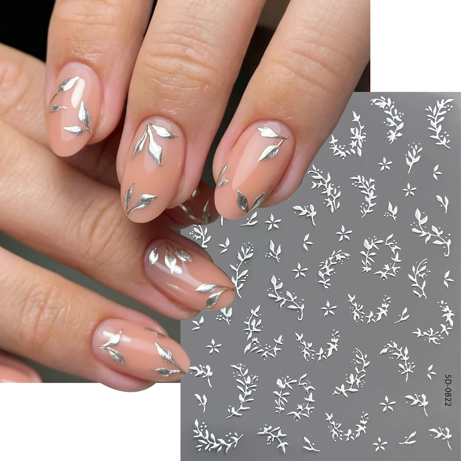 Silver Leaf Nail Stickers 5D Embossed Mirror Silver Branch Nail Decals, Self-Adhesive Floral Sliders, Minimalist Nail Art Decors