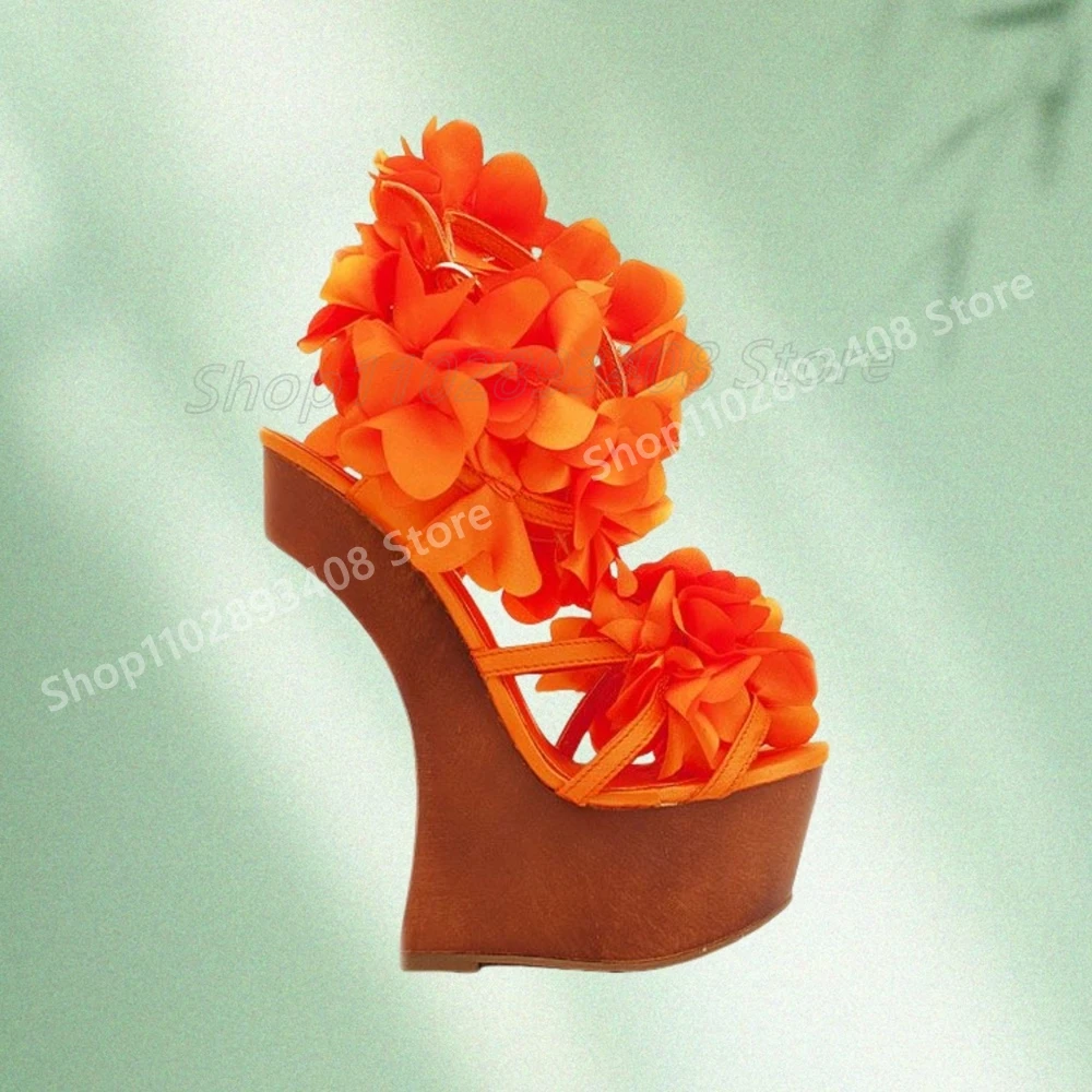 Sexy cor laranja flores decoração sandálias ocas novo design estilo estranho sapatos de salto alto feminino 2025 verão zapatos para mujere