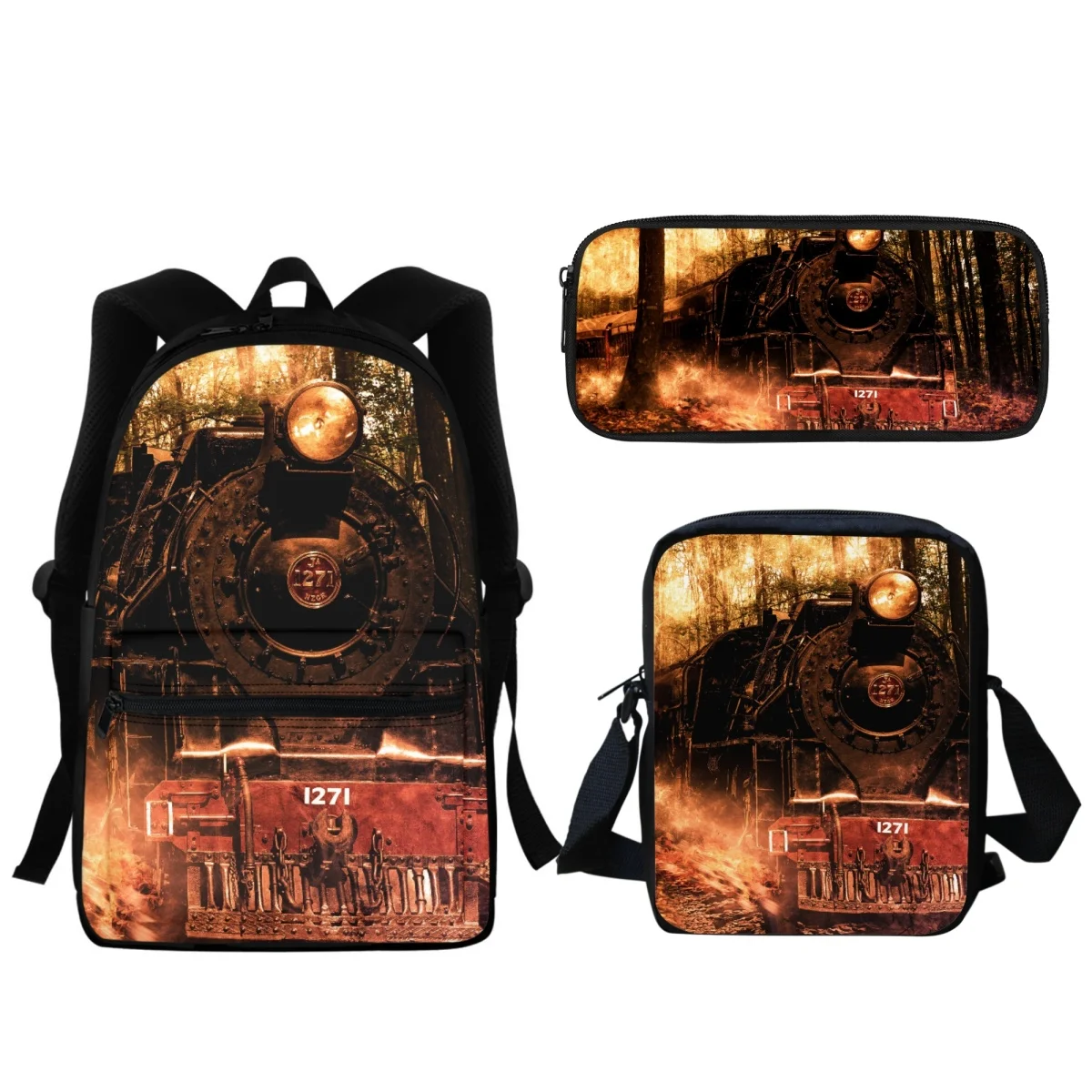 Steam Locomotive Train Design School Bag 3pcs/Set Boys Girls Kids Backpack Lunch Small Satchel Pencil Case Travel Laptop Bag