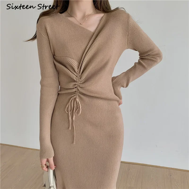 Khaki V-neck Drawstring Sweater Dress Female Autumn High Waisted Chic Elegant Knitted Vestido Street Winter Clothing Women