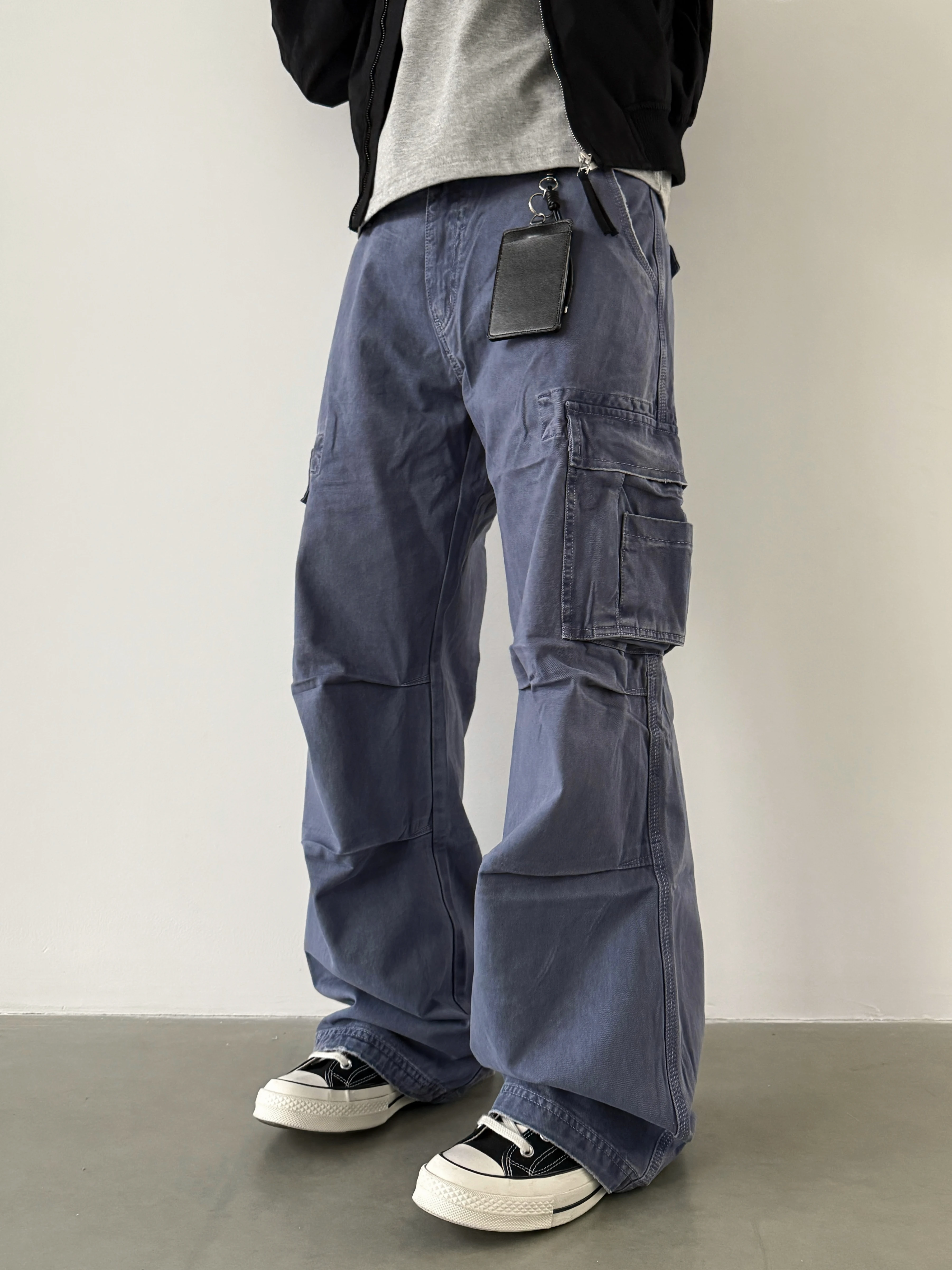 Cleanfit Vintage Faded Straight Leg Loose Cargo Workwear Pants French Work Blue mid Waist Zipper Closure Youth Autumn Jeans