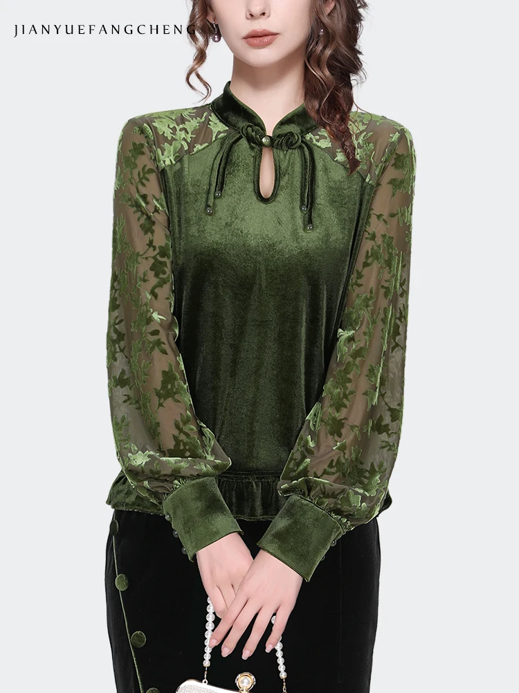 Retro Chinese Style 2024 Spring Ladies Green Velvet Top Lantern Sleeve Patchwork Design Hollow Out Floral Blouse Casual Shirts