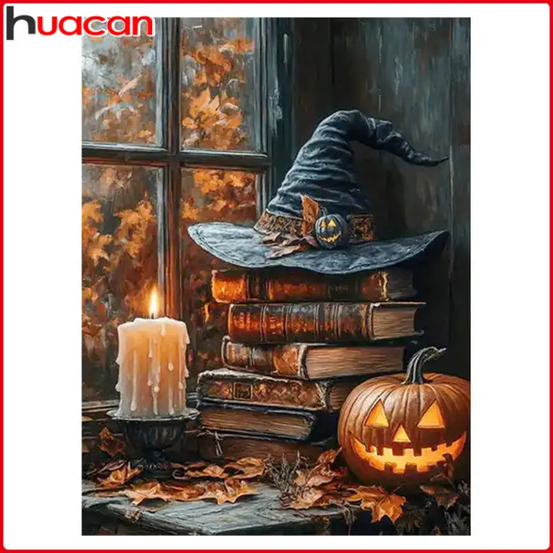 Huacan DIY Halloween Window Scenery Diamond Painting Pumpkin Candle Book 5D Diamond Mosaic Full Set Home Decor