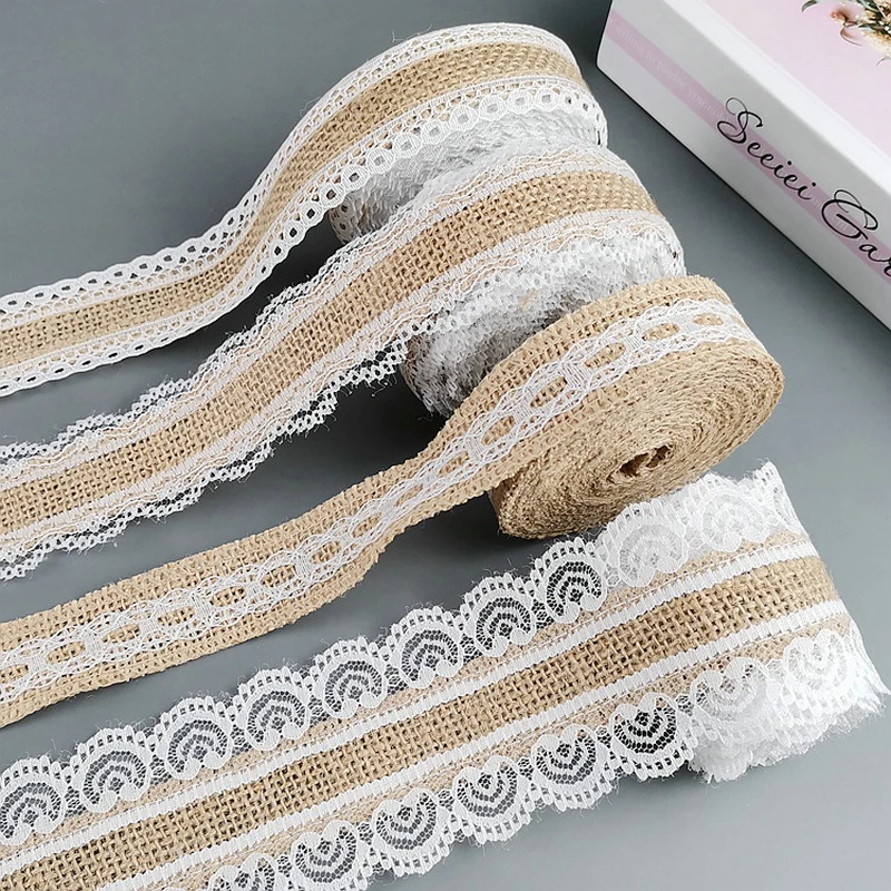 2 Meters/Lot 25mm Natural Jute Burlap Ribbon With Lace Diy Wedding Ribbon Decoration Accessories Festival Supplies Party Crafts