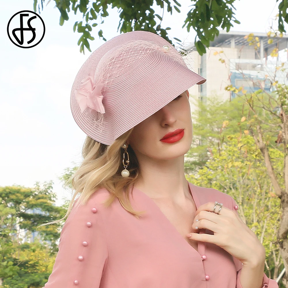 FS Fascinator Pink Pillbox Hats For Women Wedding Tea Party Caps Wide Brim Kentucky Fedora Ladies Cocktail Church Derby Cap