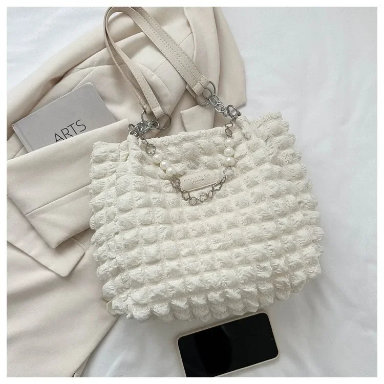 Damen Gesteppte Karierte Wolken-Baumwolltasche, Plissierte Unterarm-Hobo-Shopper-Umhängetasche für den Täglichen Gebrauch – Detail 2