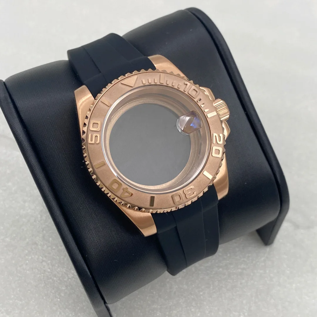 40mm Rose Gold Diver Watch Case With Rubber Strap Set Transparent Back Sapphire Crystal Fit NH34 NH35 Movement Watch Mod Parts