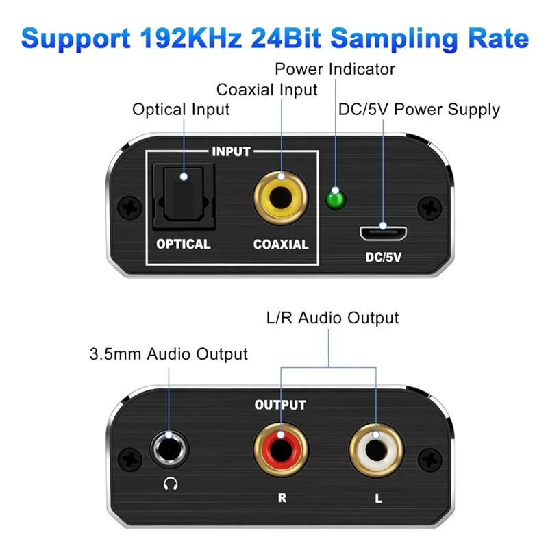 ABKI-디지털-아날로그 오디오 변환기, HDTV 홈 시네마 시스템용 광 케이블이 있는 192Khz 디지털 동축 및 광학