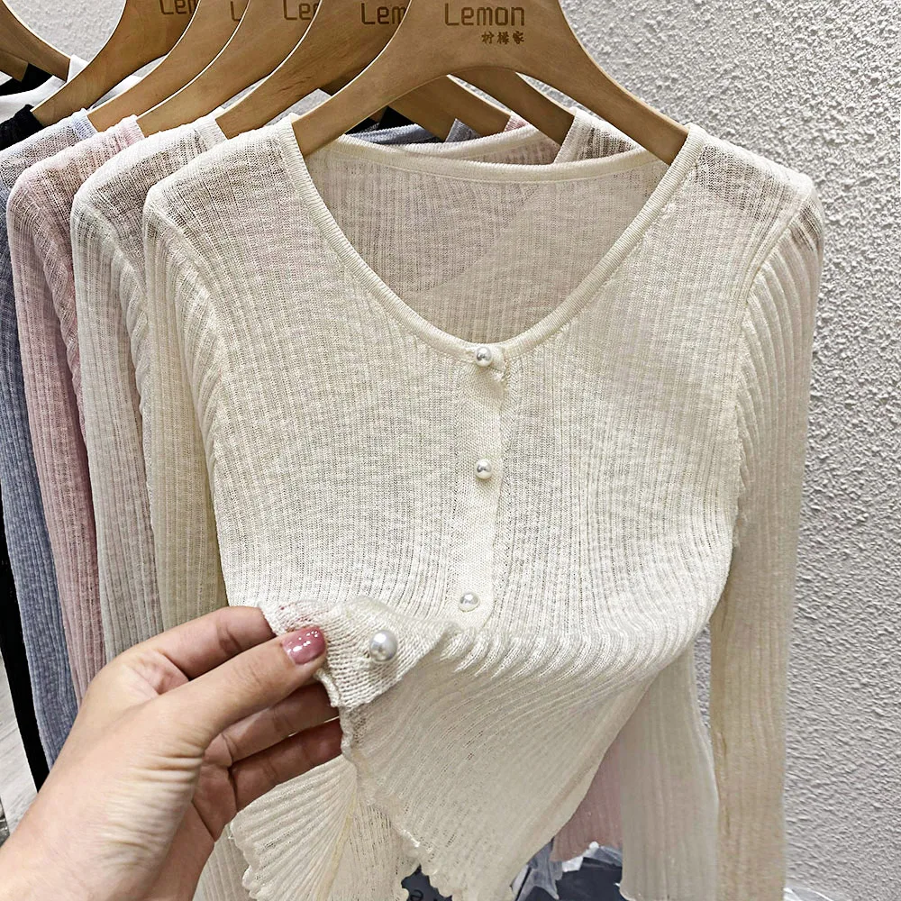 

Ice Silk Sunscreen Cardigan For Women 2024 Spring/Summer V-Neck Outerwear Thin Shawl Knit Sweater Long Sleeved Short Jacket Top