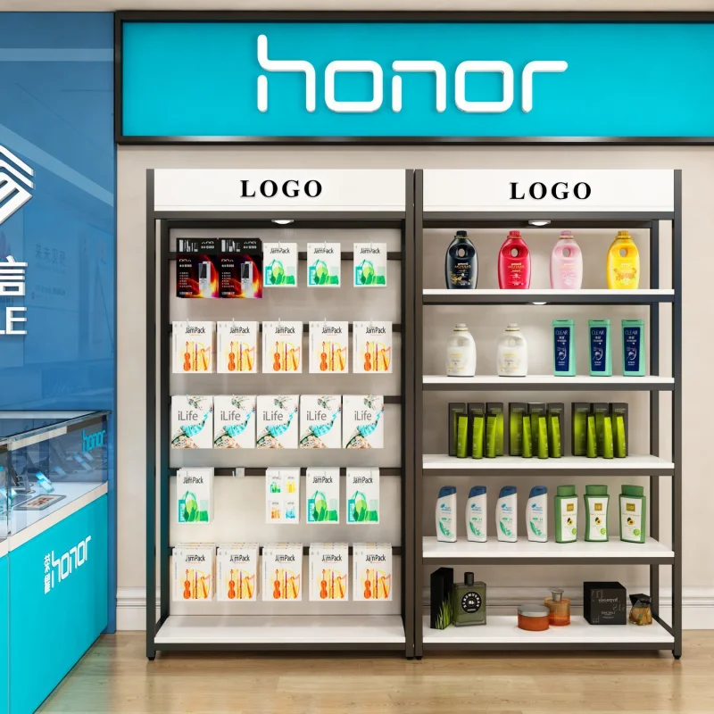 Custom. Supermarket Shelf Display Rack with Cabinet and Hook Boutique Phone Multi-Layer Display Rack Boutique Ornament Shel