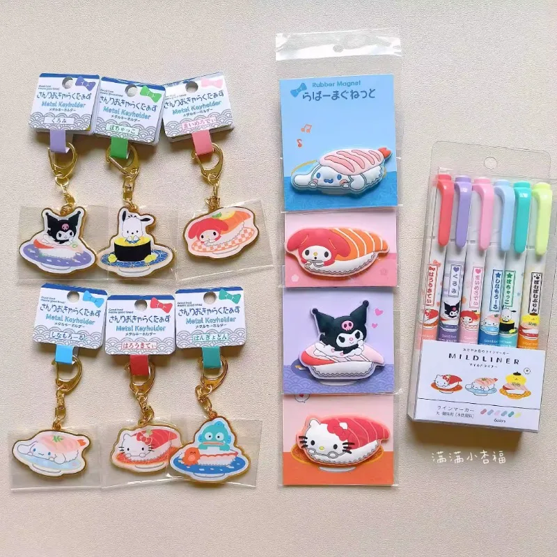 Sanrio Sushi Series Kitty Melody Cinnamoroll Hangyodon Highlighter Refrigerator Sticker Keychain Pendant Anime Toys for Kid Gift