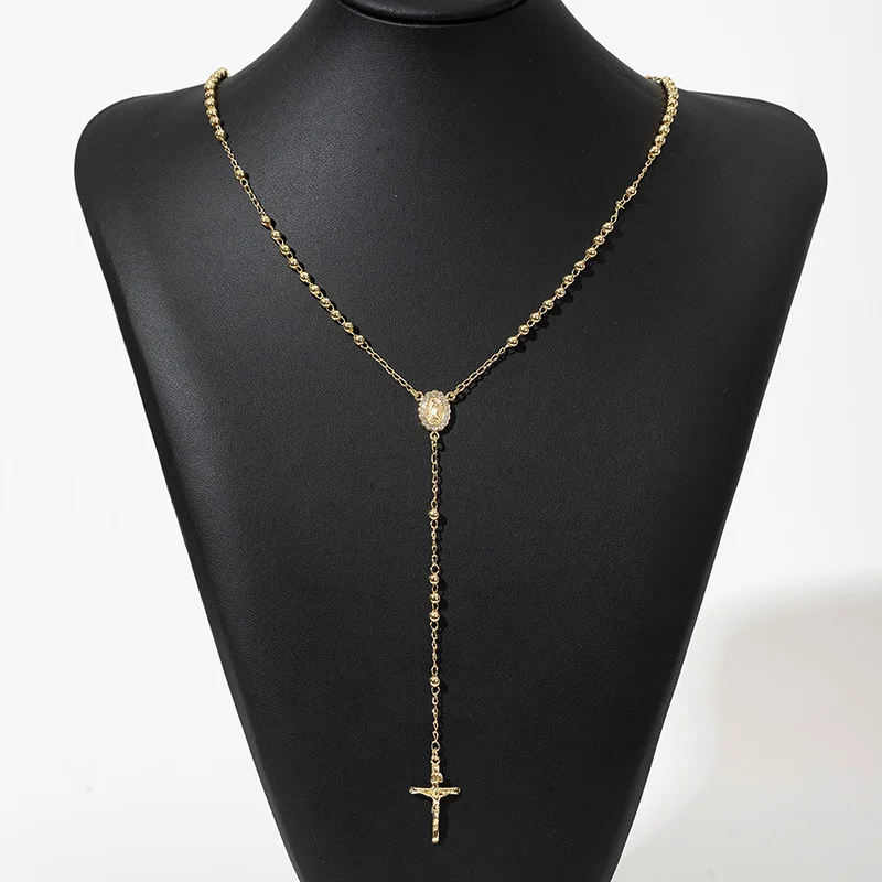 Custom Wholesale Custom 4mm Copper Bead Necklace for Women Men Vintage Gold Color Oval Engraved Portrait Cross Necklace Jewelry