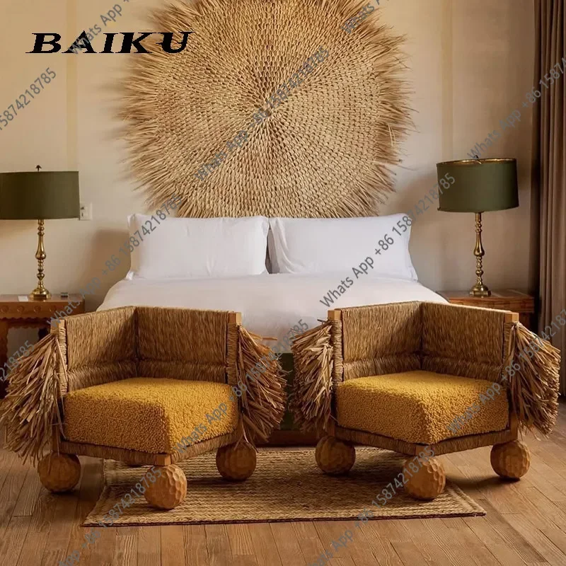 

Modern Creative Woven Casual Solid Wood Living Room Sofa Chair Bright Yellow Upholstery Single Chair Designer Model Room X