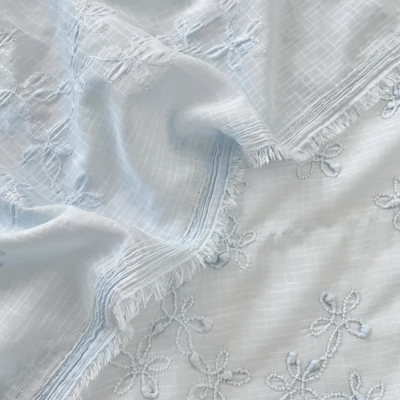 قماش بوليستر أزرق مطرز للملابس، مفارش المائدة، وسائد رمي، قماش مصنوع يدويًا