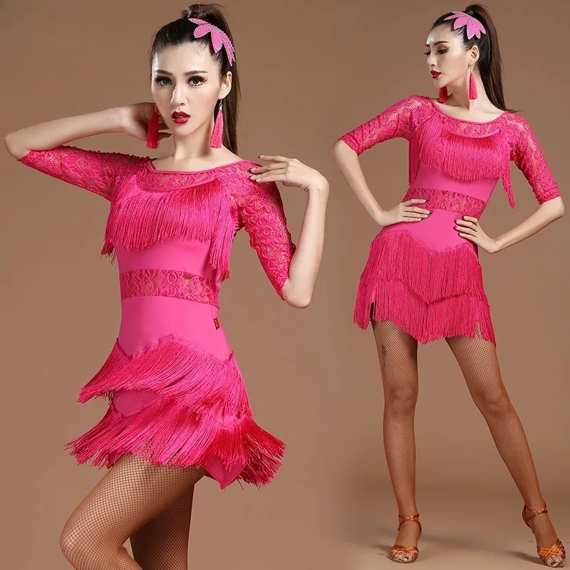 فستان رقص لاتيني جديد للنساء البالغات زي أداء من الدانتيل هامش قاعة الرقص المنافسة #2