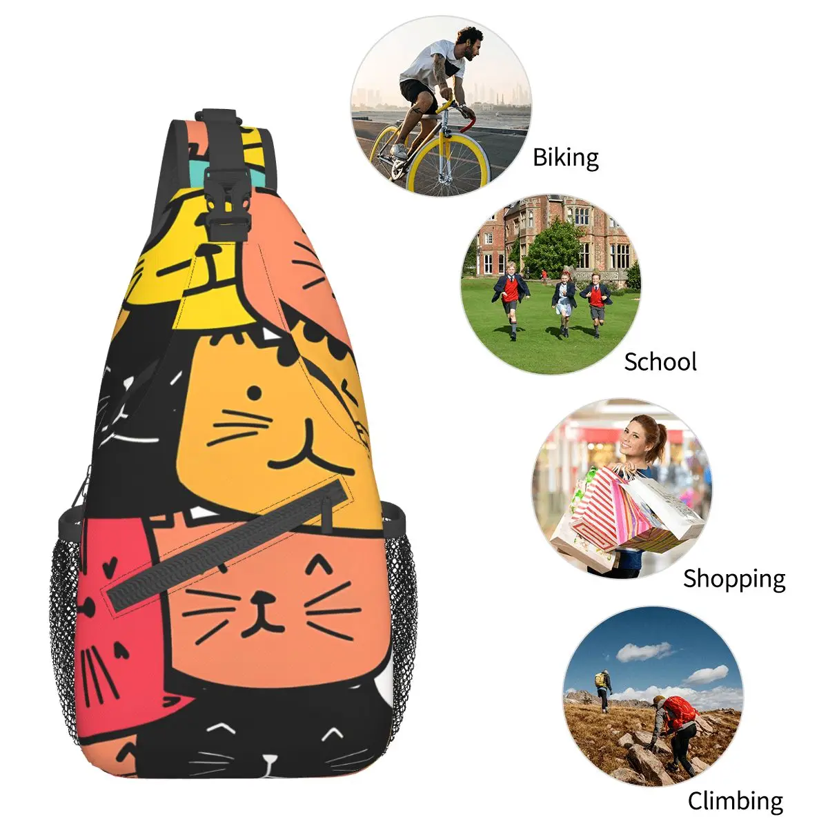 Crossbody Tas Sport Kleurrijke Cartoon Katten Naadloze Patroon Borst Zak Unisex Vrouwen Man Mode Schouder Rugzakken Reizen